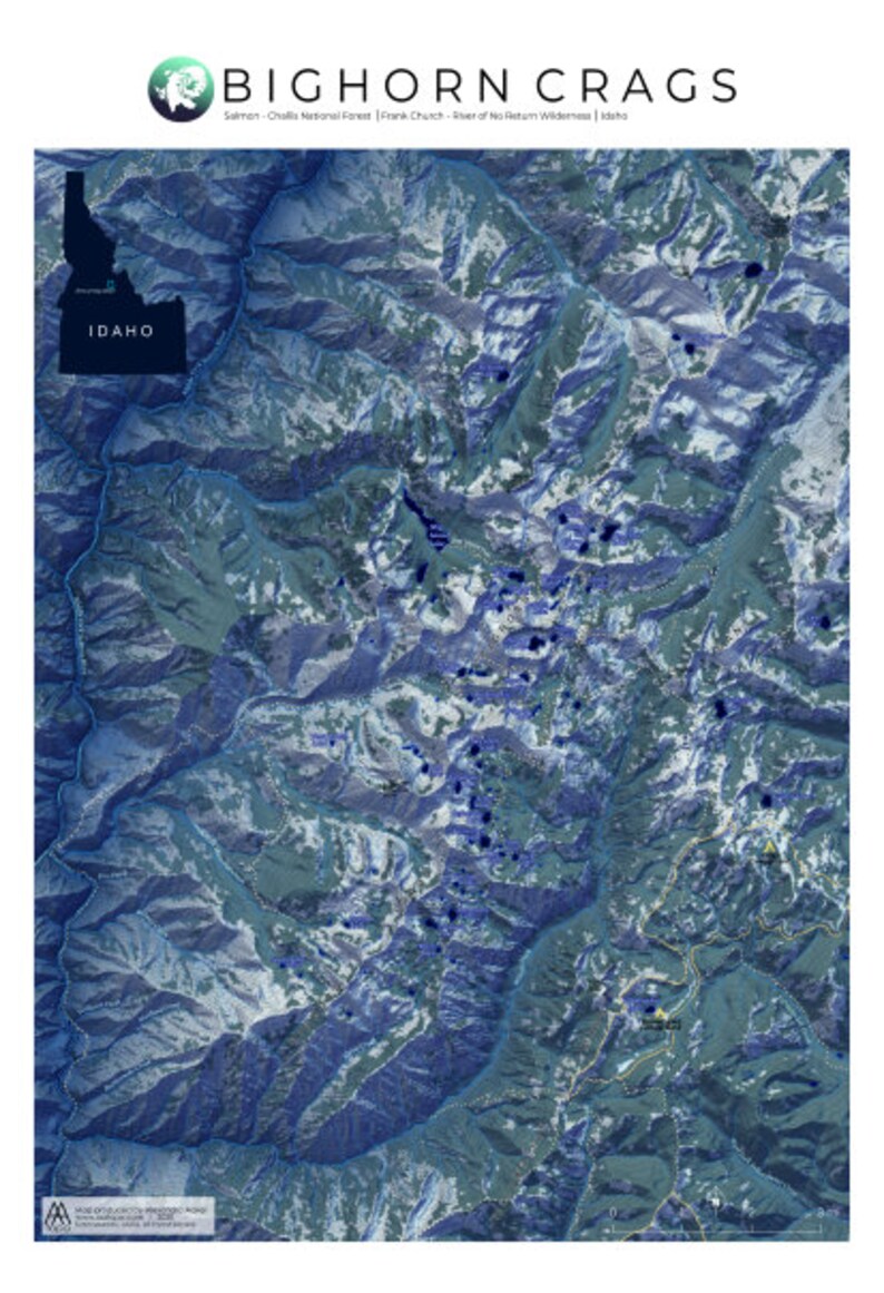 May include: A map of the Bighorn Crags area in Idaho, showing the location of the Frank Church - River of No Return Wilderness. The map is overlaid on a satellite image of the area, showing the mountains, rivers, and lakes. The map is titled "Bighorn Crags" and includes the text "Salmon - Challis National Forest | Frank Church - River of No Return Wilderness | Idaho".
