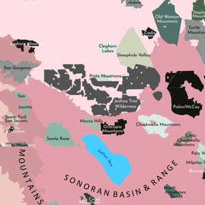 K&ouml;nnte beinhalten: Eine Karte des Sonoran Basin and Range, einer W&uuml;stenregion im S&uuml;dwesten der Vereinigten Staaten. Die Karte zeigt die Lage verschiedener Gebirgsz&uuml;ge, darunter die Orocopia Mountains, die Chuckwalla Mountains und die Pinto Mountains. Die Karte zeigt auch die Lage des Salton Sea, eines gro&szlig;en, flachen Sees.