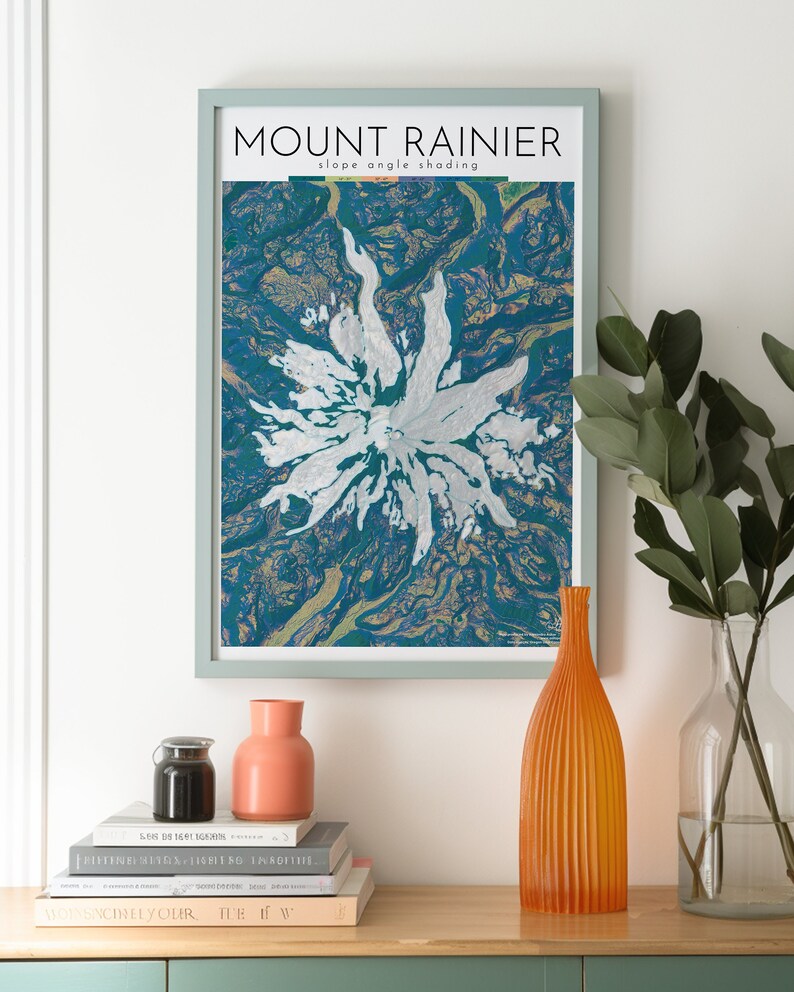 May include: A framed print of Mount Rainier with a blue, green, and gold abstract design. The title "MOUNT RAINIER" and the text "slope angle shading" are printed below the image.