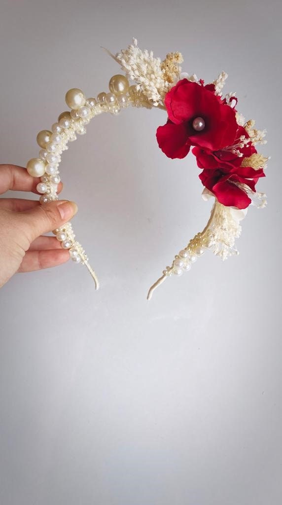 Red Flower Crown, Pearl Red Flower Crown, Dry Flower Red Crown, Flower