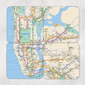 May include: A map of the New York City subway system, divided into four sections. The map shows the different lines and stations, as well as the boroughs of Manhattan, Brooklyn, Queens, and the Bronx.