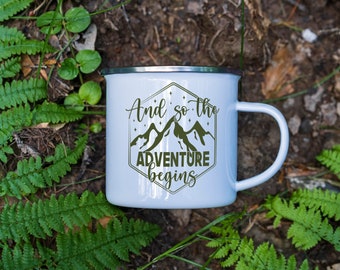 And So The Adventure Begins Mug | Personalized Camp Mug | Campfire Mug | Enamel Camp Mug