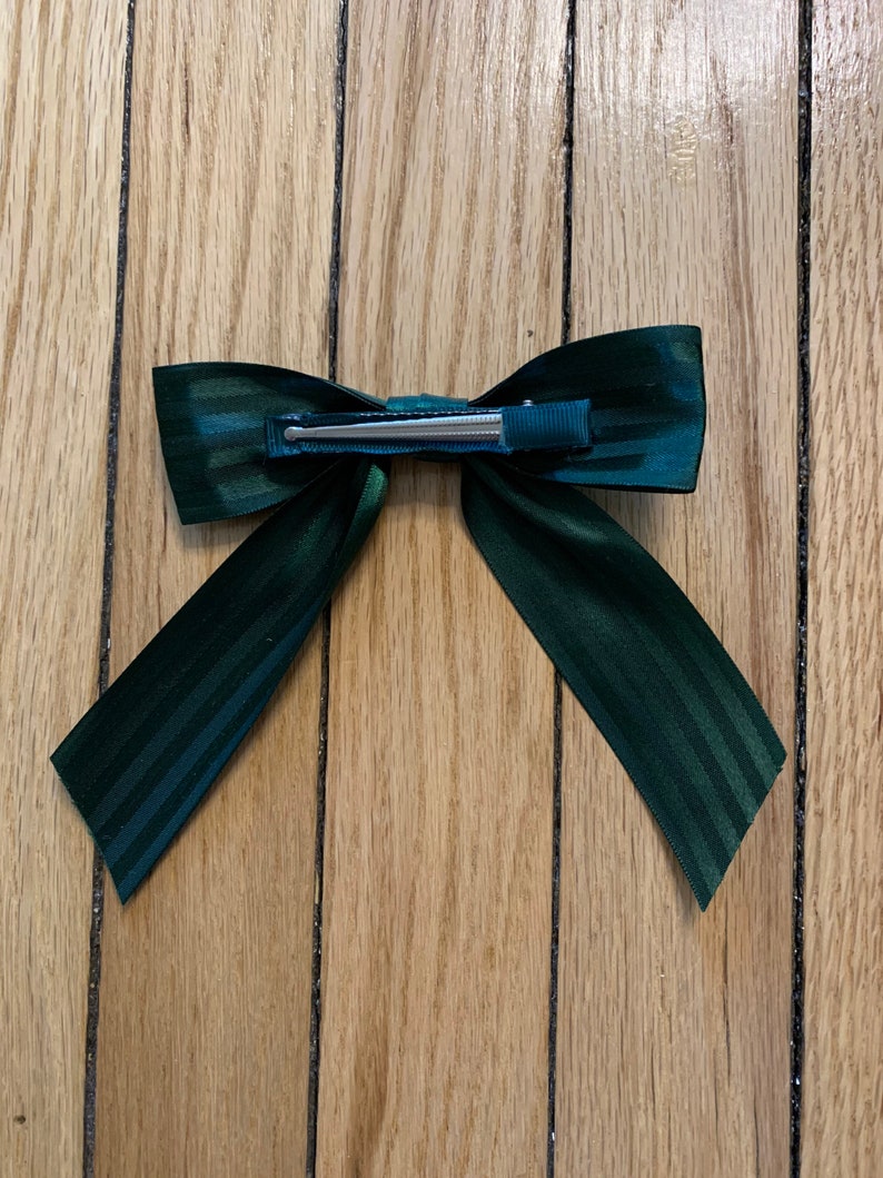Alligator Clip Satin Ribbon Handmade Green Stripe Small \u201cCora\u201d Ribbon Bow Clip