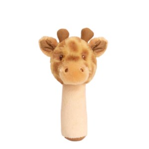 May include: A plush giraffe rattle featuring a soft, tan-colored cylindrical handle and a detailed giraffe head with brown spots, small ears, and two small brown horns on top. The toy is made of fuzzy fabric with embroidered facial features.