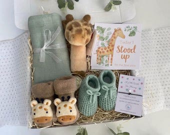 Safari Baby Gift Hamper, Giraffe Toy, Milestone Cards, Socks, Hat