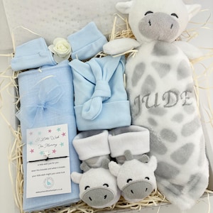 Personalised Baby Hamper, Baby Shower Hamper, Baby Shower Gift, New Baby Gift, Baby Boy Hamper,Baby Girl Gift,New Mum Hamper, Baby Comforter blue - giraffe&socks