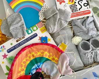 Sensory Baby Gift Box, Flash Cards, Crinkle Comforter, Booties