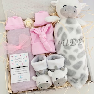 Personalised Baby Hamper, Baby Shower Hamper, Baby Shower Gift, New Baby Gift, Baby Boy Hamper,Baby Girl Gift,New Mum Hamper, Baby Comforter pink - giraffe&socks