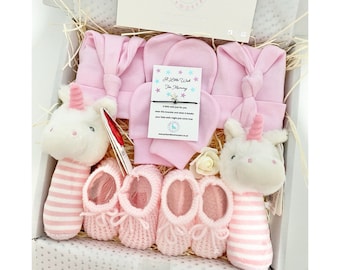 Twin Girls Baby Gift Set, Unicorn Rattles, Hats, Booties