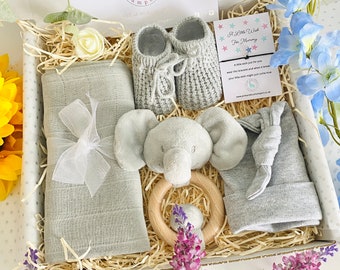 Elephant Baby Gift Hamper, Booties, Muslin, Hat & Wish Bracelet