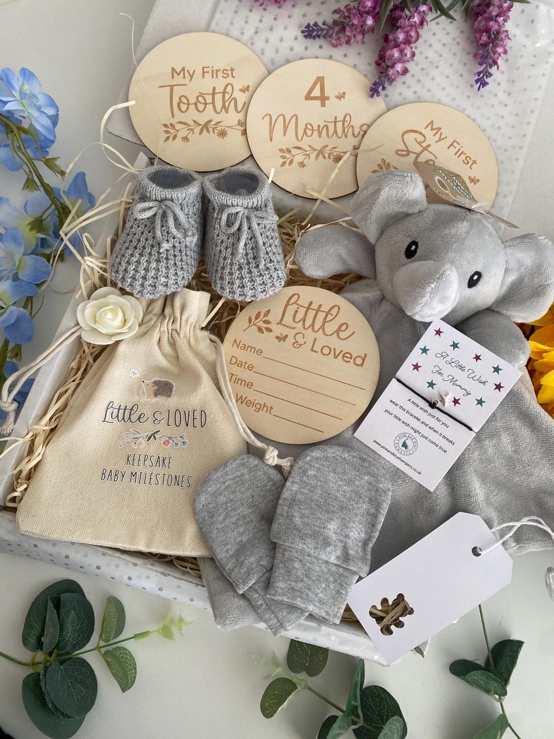 Elephant Baby Gift Hamper | Milestone Discs, Booties & Comforter - Etsy UK
