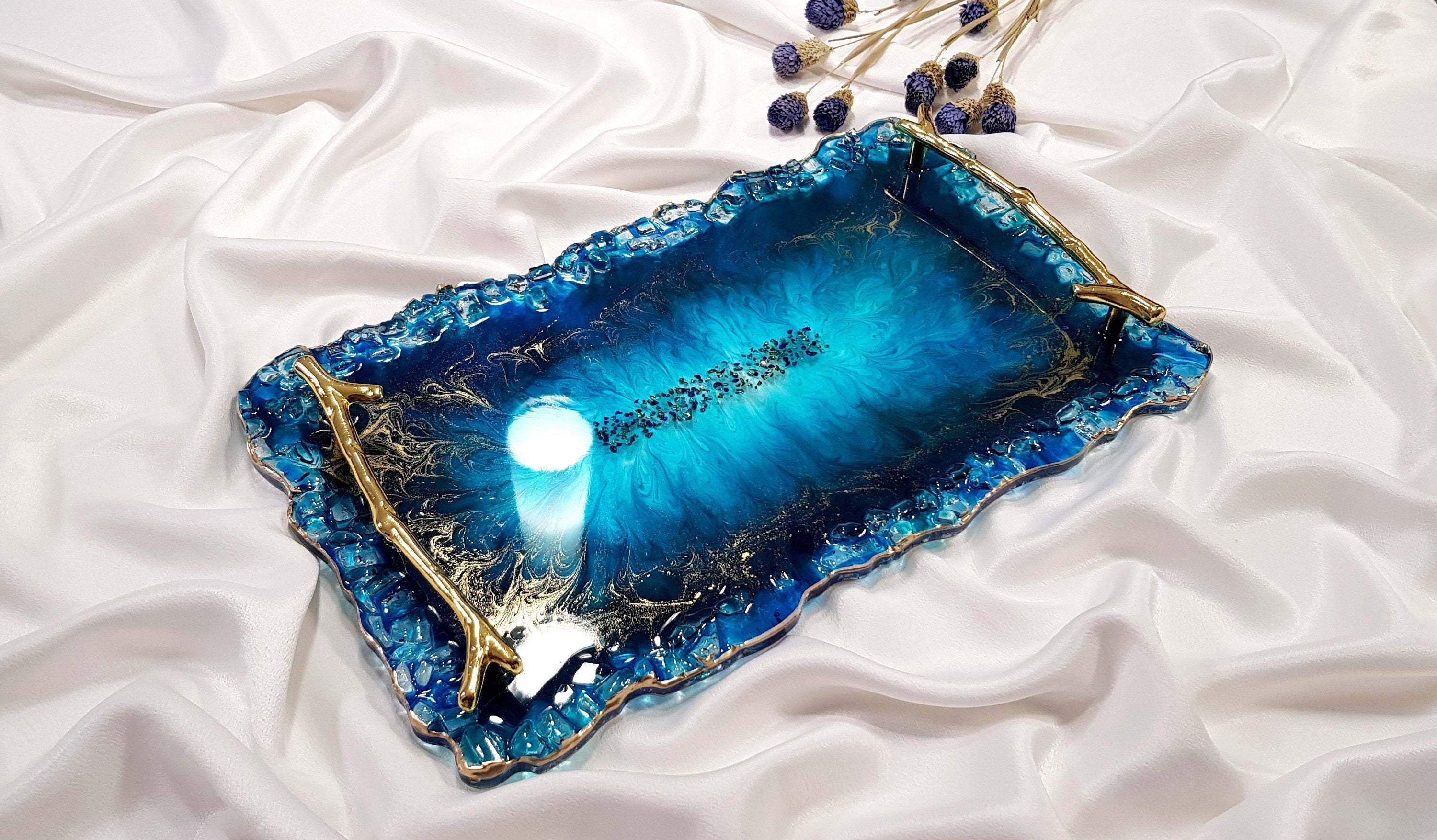 Personalized Resin Tray With Handles, Blue Resin Tray With Crushed