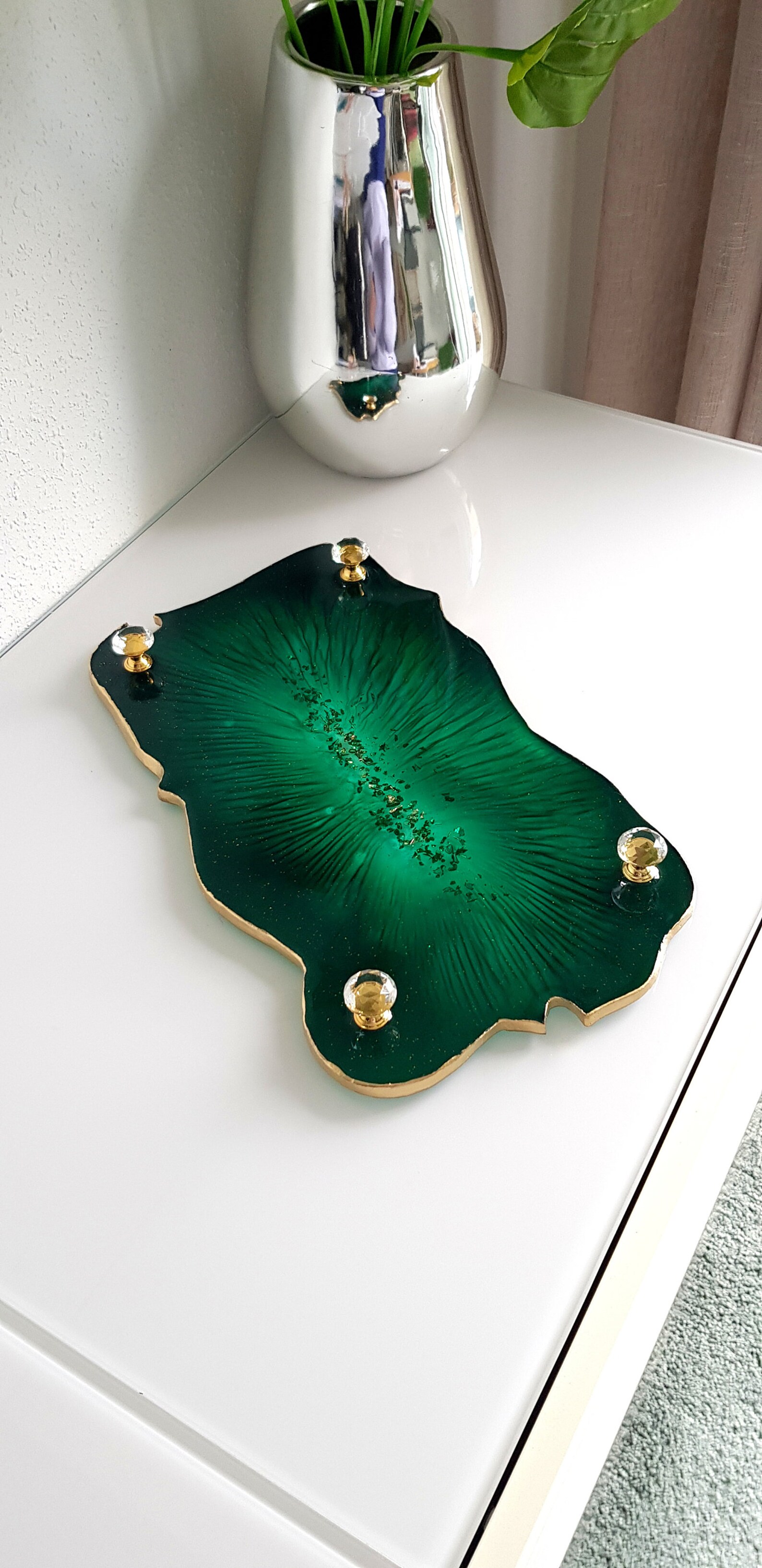 Emerald green tray with gold accents handmade resin tray Etsy