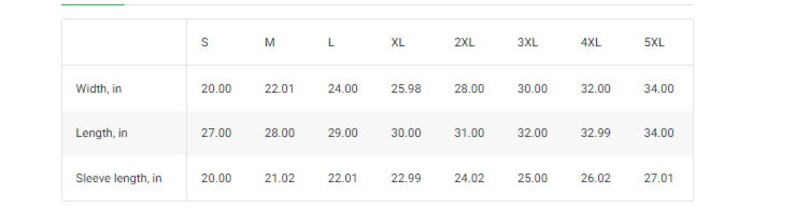 Puede incluir: Una tabla blanca muestra una tabla de tallas para una prenda. La tabla incluye medidas de ancho, largo y largo de manga en cent&iacute;metros, que van desde la talla S hasta la 5XL. Las medidas est&aacute;n claramente etiquetadas para cada talla.