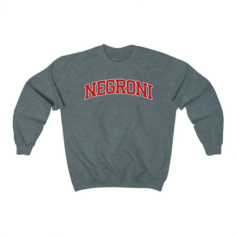 May include: A dark gray sweatshirt with the word "NEGRONI" printed in red on the front.