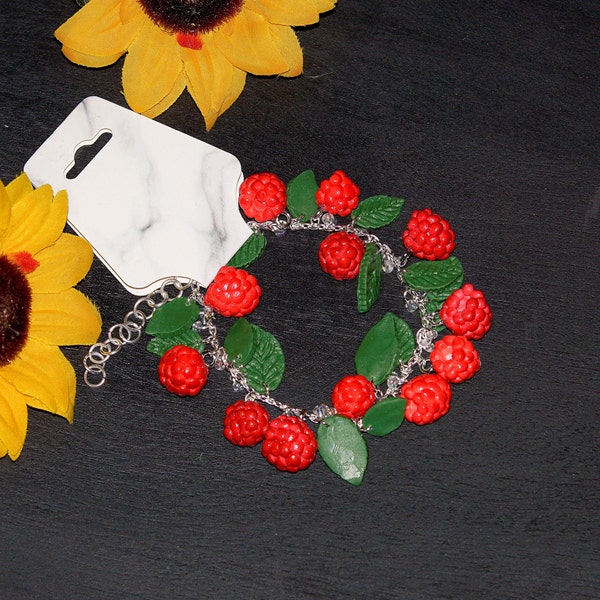 Argile polymère Fimo Framboise Bracelet Bijoux Baies Fruits Feuilles légères Fairycore Chaîne spéciale Charms Perles Argent Forêt Cottagecore