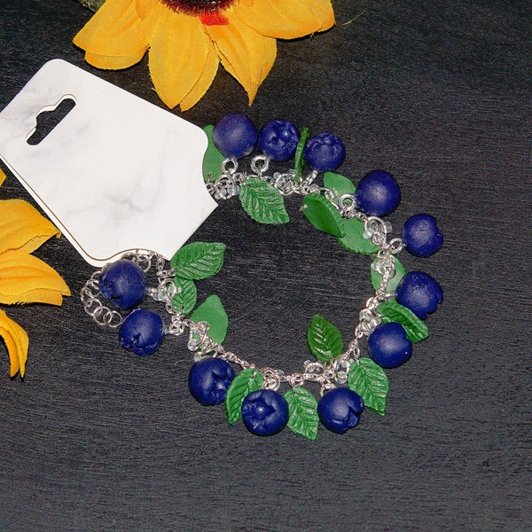 Argile polymère Fimo Myrtille Bracelet Bijoux Baies Fruits Feuilles légères Fairycore Chaîne spéciale Charms Perles Argent Forêt Cottagecore