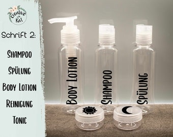 Reisegrößen-Label-Set | Labels für Kosmetik zum Abfüllen in Reisegrößen | Shampoo, Spülung etc.| 7-teiliges Set| Geschenkidee | Schrift 2