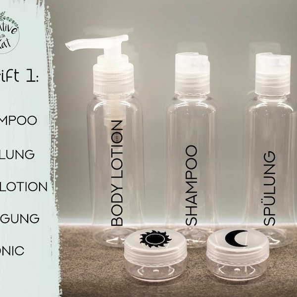 Reisegrößen-Label-Set | Labels für Kosmetik zum Abfüllen in Reisegrößen | Shampoo, Spülung etc.| 7-teiliges Set | Geschenkidee | Schrift 1