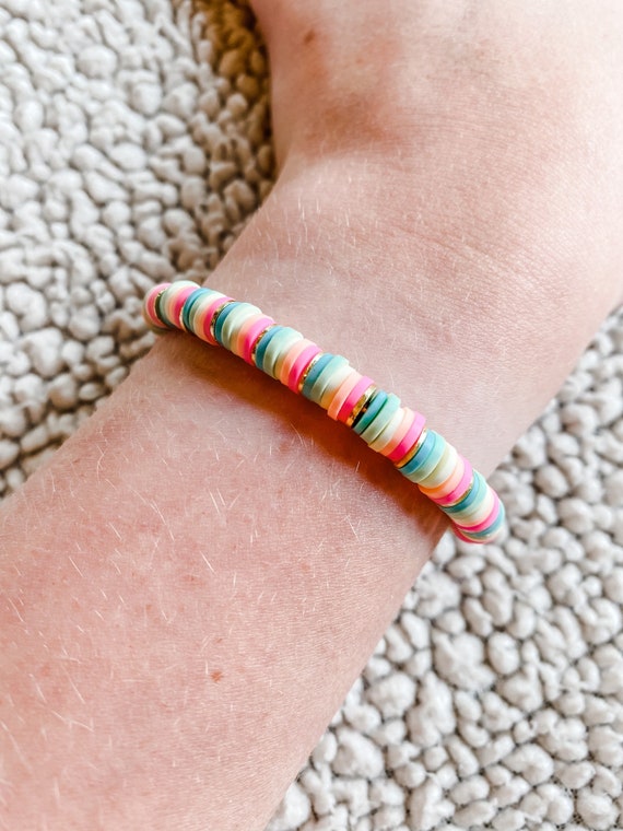 Pastel Rainbow Clay Disc Beaded Bracelet With Gold Beads Etsy