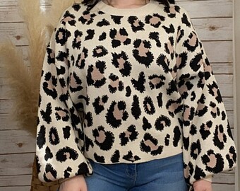 Leopard Print Knit Pullover Sweater: Ribbed Trim, Long Sleeves
