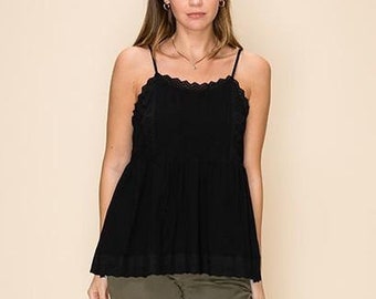 Megan Crochet Black Babydoll Top
