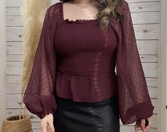 burgundy sheer blouse