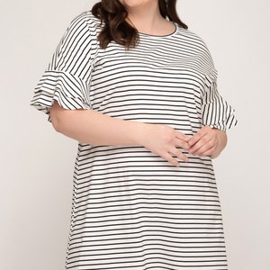 Plus Size Striped Knit Dress: Ruffled Short Sleeve Cotton Blend