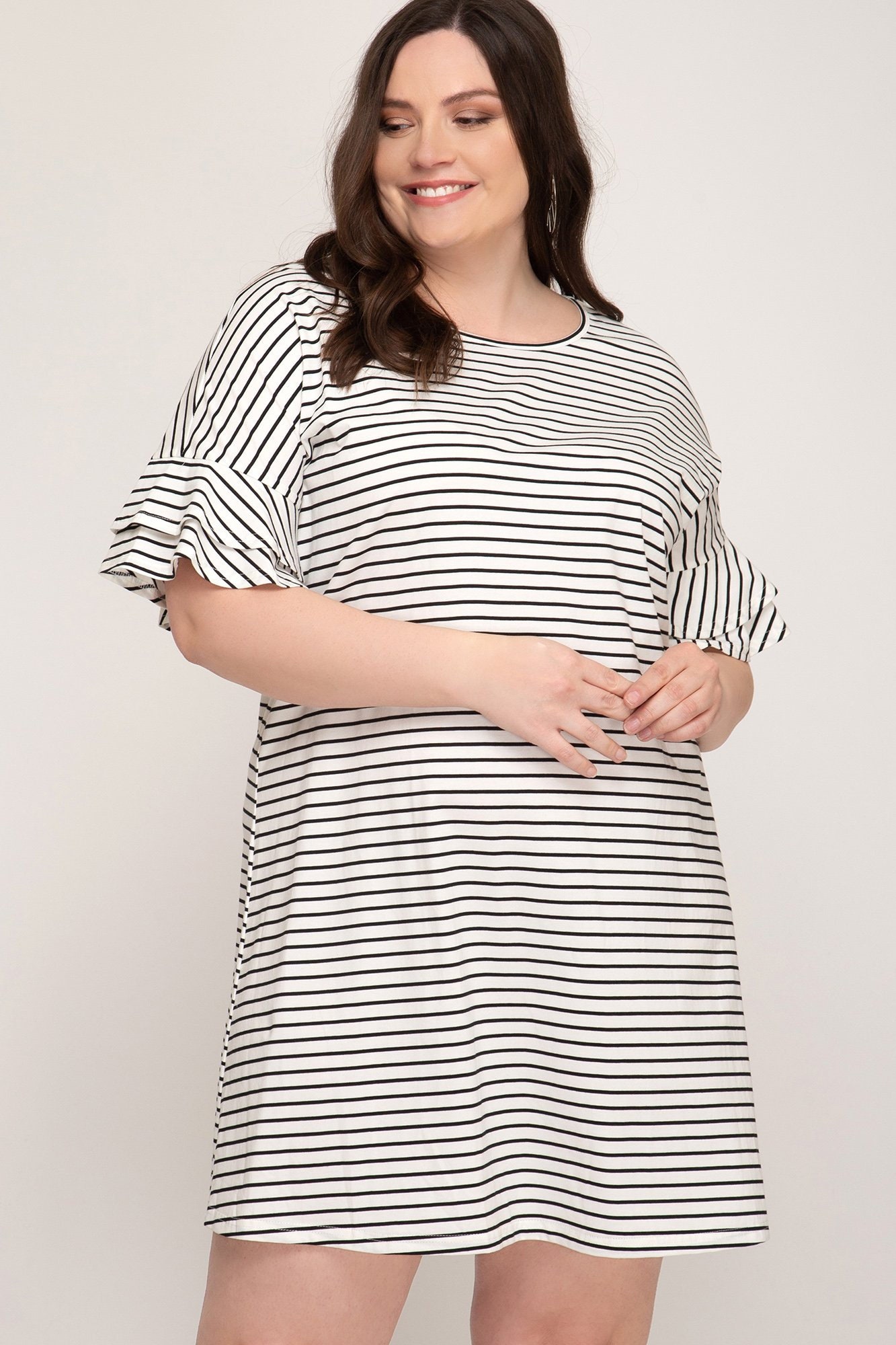 plus size black and white striped dress Plus Size Tunic Dress for Women Summer Short Sleeve Striped Casual T Shirt Dress
