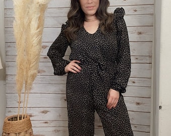 Dotted print woven, long sleeve jumpsuit, black jumpsuit