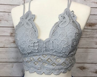 Light Gray Bralette, Floral Lace Bralette, Lace Bralette, Strappy Bralette