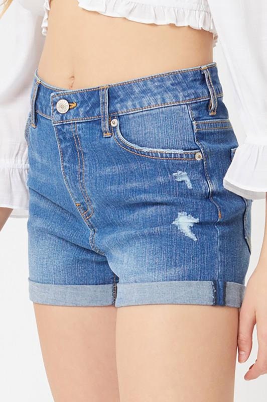 High Rise Distressed Medium Wash Denim Shorts