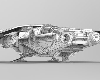 May include: A detailed, grayscale 3D model of a spacecraft, featuring intricate mechanical components, a transparent cockpit, and the text "JEEFS3D CREATIONS". The model has wings and landing gear.