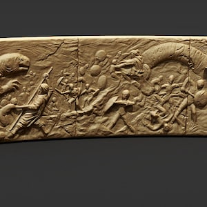 May include: A detailed, curved relief sculpture depicting a battle scene. The sculpture features a variety of figures, including warriors, a large creature, and a smaller, reptilian creature. The sculpture is made of a light brown material and has a textured surface.