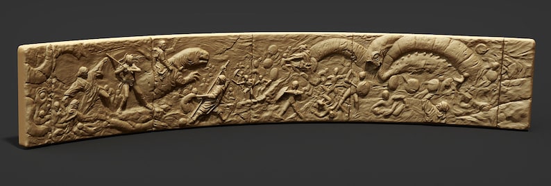 May include: A detailed, curved relief sculpture depicting a battle scene. The sculpture features a variety of figures, including warriors, a large creature, and a smaller, reptilian creature. The sculpture is made of a light brown material and has a textured surface.