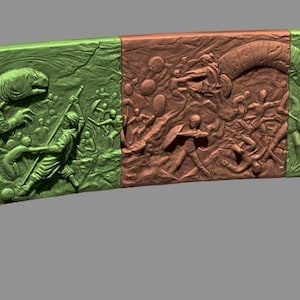 May include: A curved wall relief sculpture with five panels. The panels are painted in shades of green, blue, brown, and pink. The panels depict various scenes, including a group of figures, a creature with a long tail, and a group of figures with a large, round object.