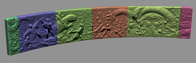 May include: A curved wall relief sculpture with five panels. The panels are painted in shades of green, blue, brown, and pink. The panels depict various scenes, including a group of figures, a creature with a long tail, and a group of figures with a large, round object.