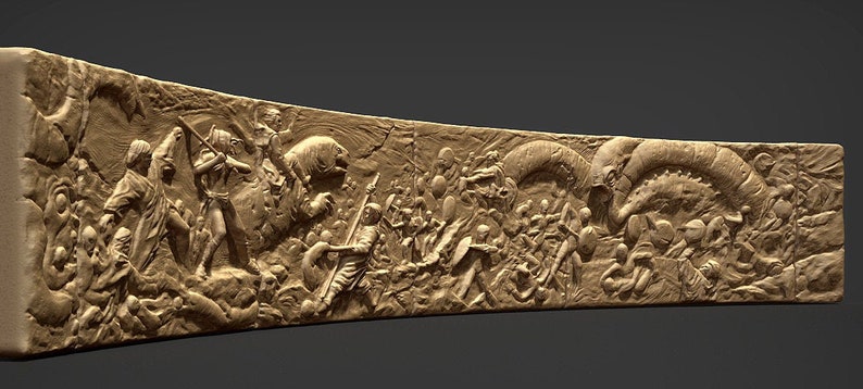 May include: A detailed bas-relief sculpture depicting a battle scene with warriors, mythical creatures, and a large serpent. The sculpture is carved in a light brown stone and has a textured surface.