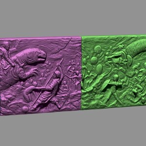 May include: A decorative wall relief with four panels depicting different scenes. The first panel is blue and features two figures in a battle scene. The second panel is pink and features a large creature with a long tail. The third panel is green and features a creature with a long, curled tail. The fourth panel is purple and features a more abstract design.