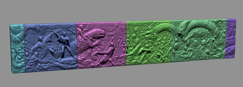 May include: A decorative wall relief with four panels depicting different scenes. The first panel is blue and features two figures in a battle scene. The second panel is pink and features a large creature with a long tail. The third panel is green and features a creature with a long, curled tail. The fourth panel is purple and features a more abstract design.