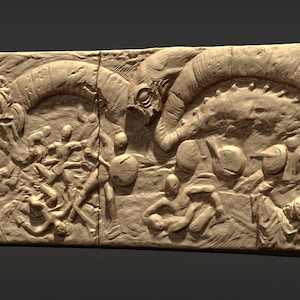 May include: A detailed stone relief sculpture depicting a scene of chaos and destruction. A large, serpentine creature with a gaping maw dominates the center of the composition, while smaller figures flee in terror. The sculpture is carved in a realistic style, with intricate details in the figures' clothing and the creature's scales.