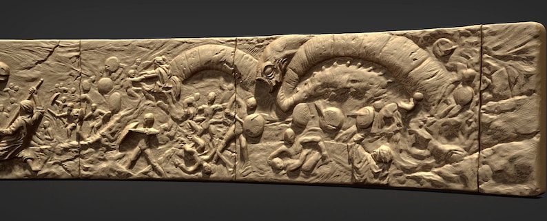 May include: A detailed stone relief sculpture depicting a scene of chaos and destruction. A large, serpentine creature with a gaping maw dominates the center of the composition, while smaller figures flee in terror. The sculpture is carved in a realistic style, with intricate details in the figures' clothing and the creature's scales.