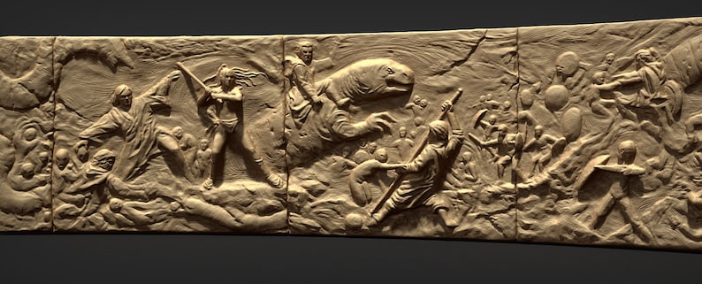 May include: A detailed stone relief carving depicting a scene of battle and conflict. The carving features figures of warriors, a large mythical creature, and other symbolic elements. The relief is carved in a realistic style and shows intricate details.
