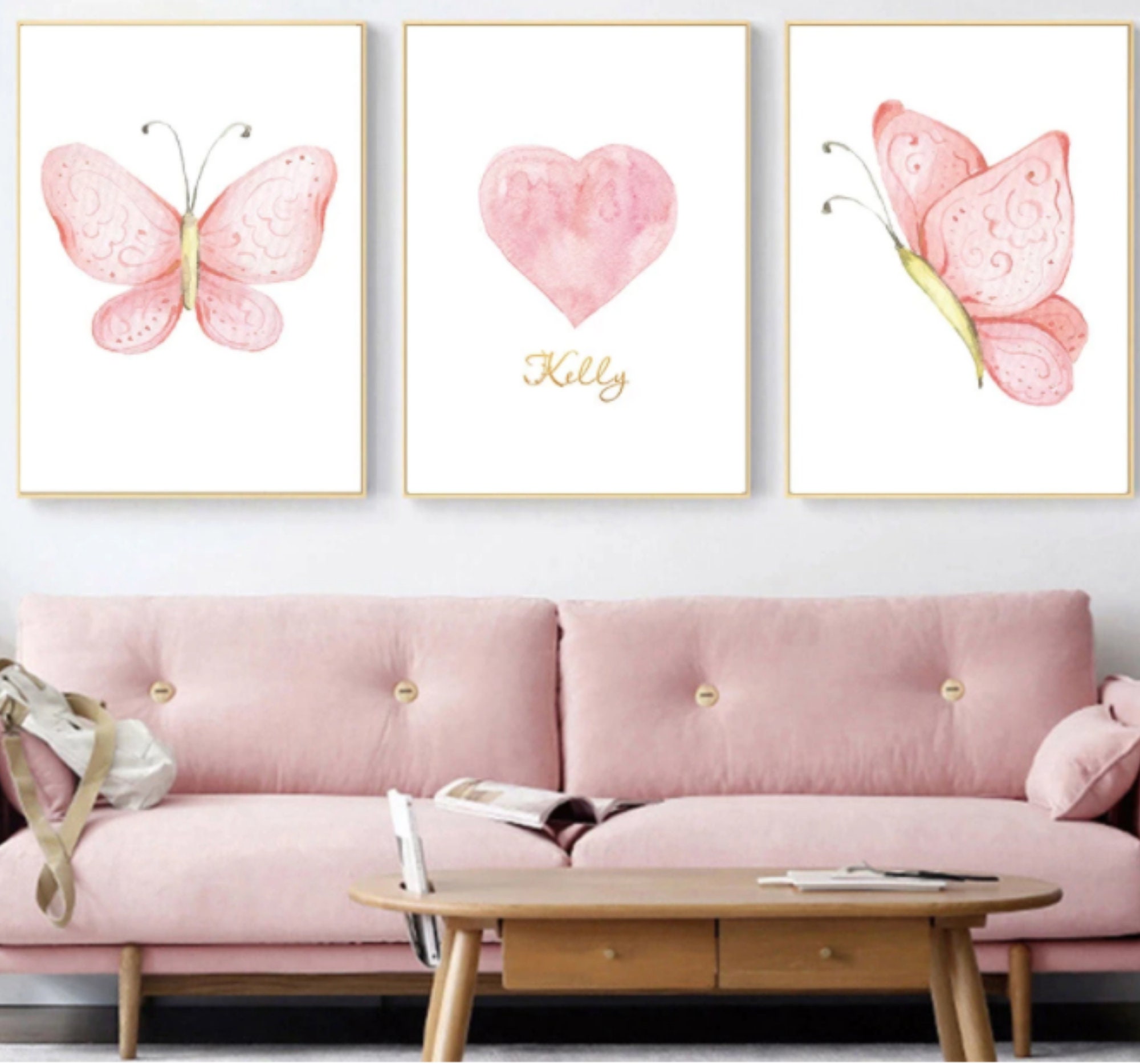 Toiles Imprimées Murales Personnalisées Cœurs Papillons Prénom Tons Roses - Décoration Chambre Enfan