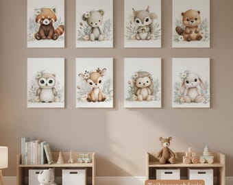 Forest Animals Nursery Canvas | Personalized Baby Room Wall Art Custom Name, Watercolor Fawn Bear Rabbit, Baby Shower Birth Gift, Set of 3