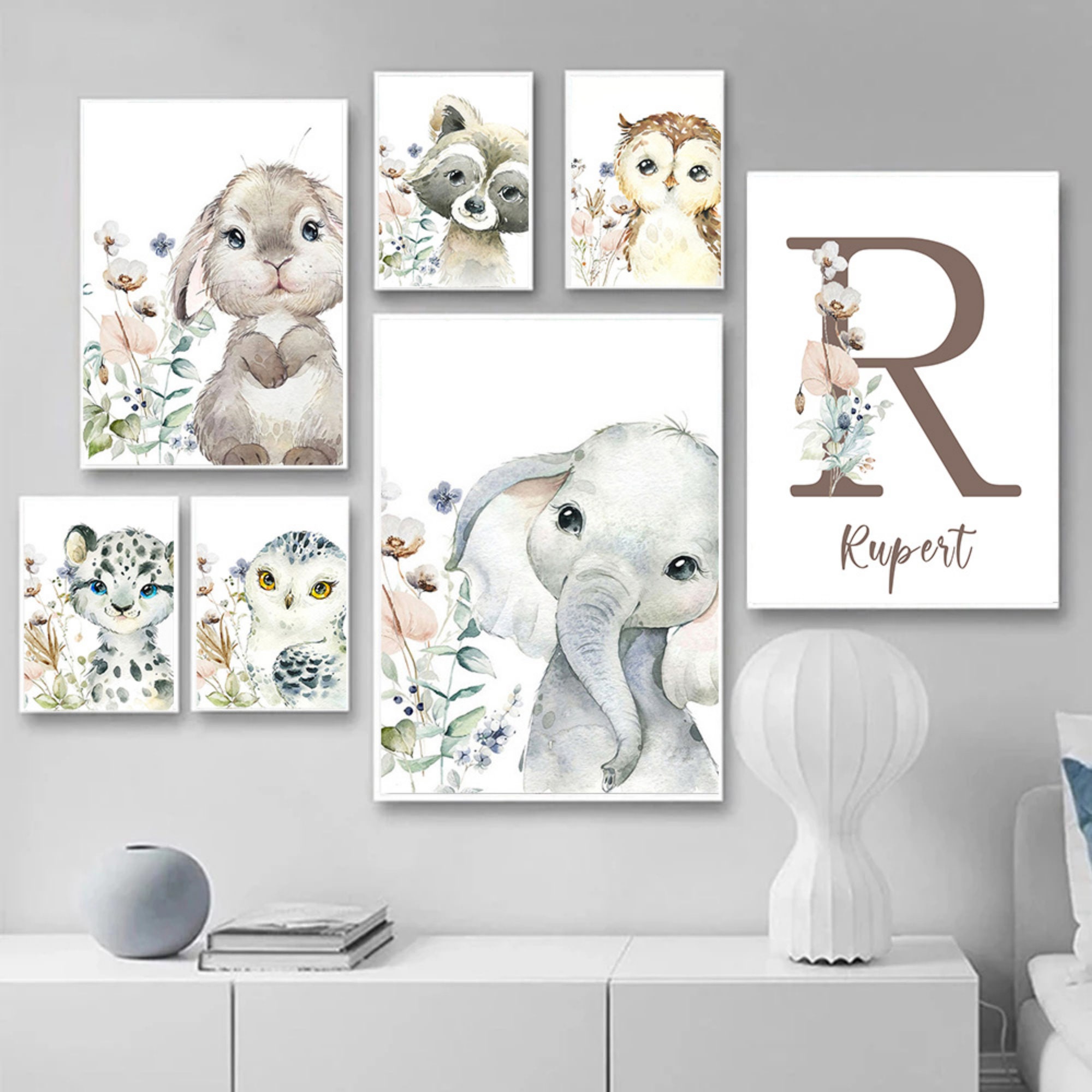 Toiles Imprimées Murales Personnalisées Animaux Fleuris Lion Éléphant Lapin Panthère Renard Hibou Fa