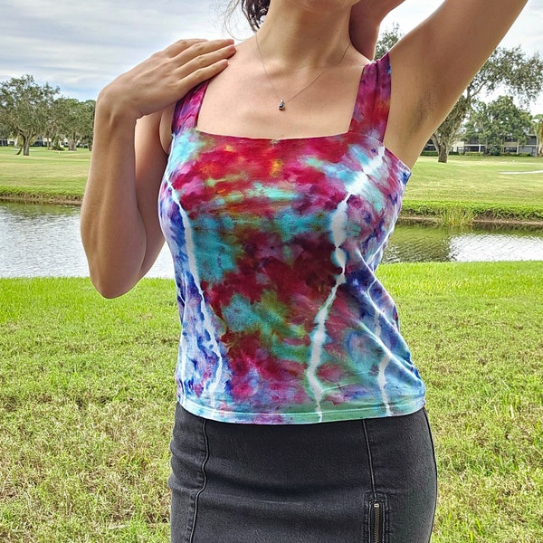 S/M Square Neck Top - Tie Dye - Kawaii - Cotton - Boho - Colorful - Cute Sexy - Blue Pink - Festival - Ice Dye - Hippie - Gift For Her