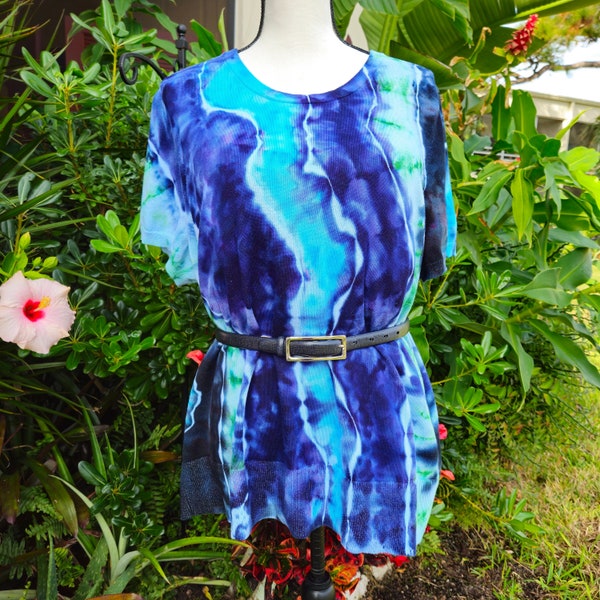 2X Tie Dye Sweater Shirt - Boho - Colorful Quality - Unique - Blue Purple Green - Short Sleeve Crew Neck Top - Office Work - Gift for Mom