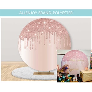 Pink Rose Gold Glitter Round Backdrop Cover,Birthday Wedding Baby Shower Circle Photography Backdrop with Elastic Band Polyester Fabric