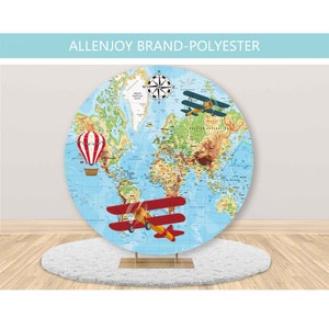 May include: A blue and brown world map backdrop with a red and yellow airplane, a red and white hot air balloon, and a compass in the top left corner.  The backdrop is circular and has a blue background with a brown world map.